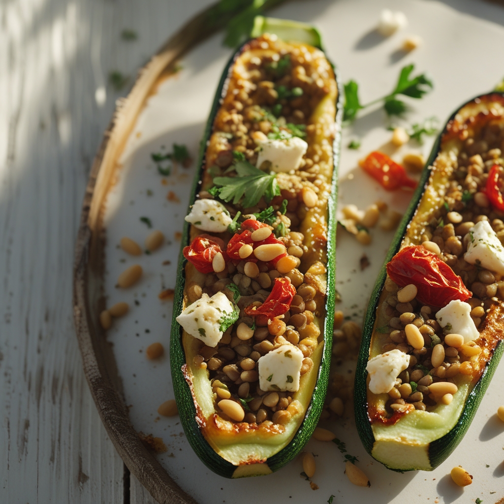Mediterranean Lentil & Feta Stuffed Zucchini Boats