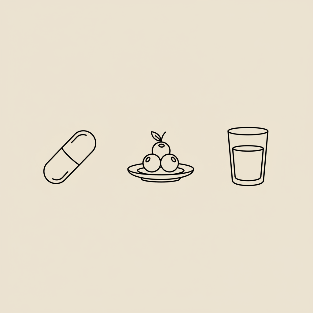 Minimal Tonum-style line illustration of a capsule, small plate of berries, and a glass of water on beige background — conjugated linoleic acid risks