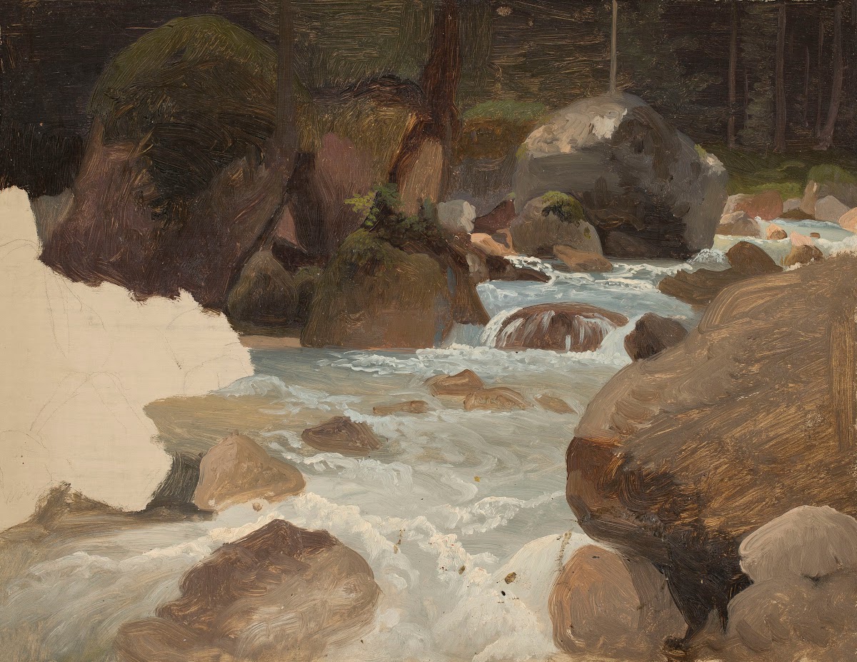 Mountain stream in the forest sketch