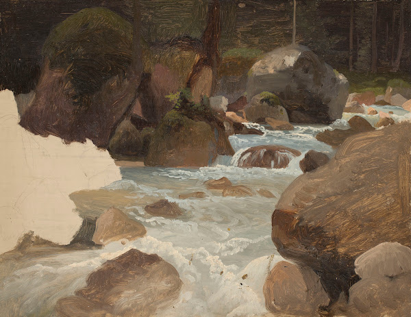 Mountain stream in the forest sketch