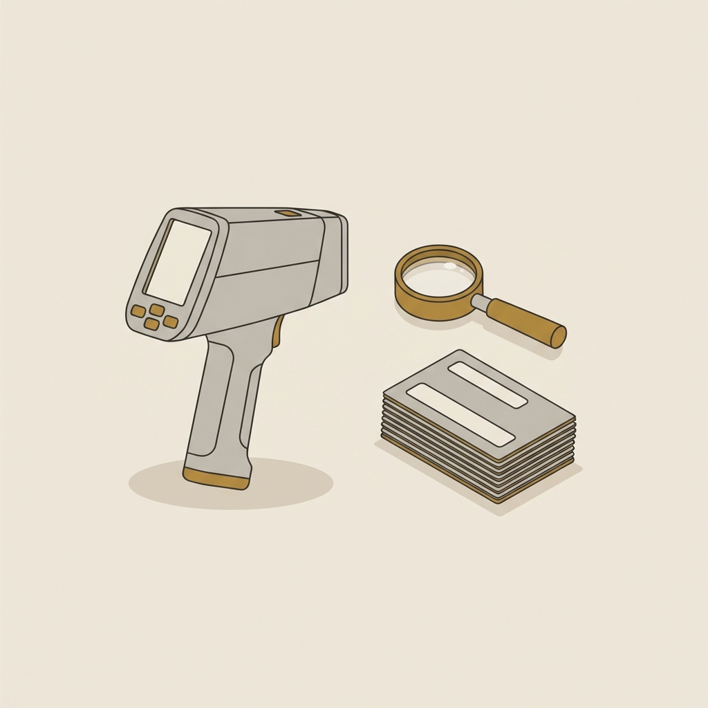 Minimalist vector illustration of a conservator workstation with a portable XRF device a loupe and blank labeled cards for documentation in Aurora Antiqua palette for roman empire jewelry