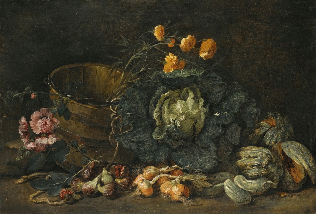 Still Life With Onions Figs Cucumbers A Cabbage And Some Flowers Arranged On The