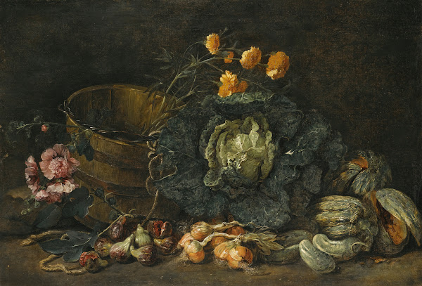 Still Life With Onions Figs Cucumbers A Cabbage And Some Flowers Arranged On The
