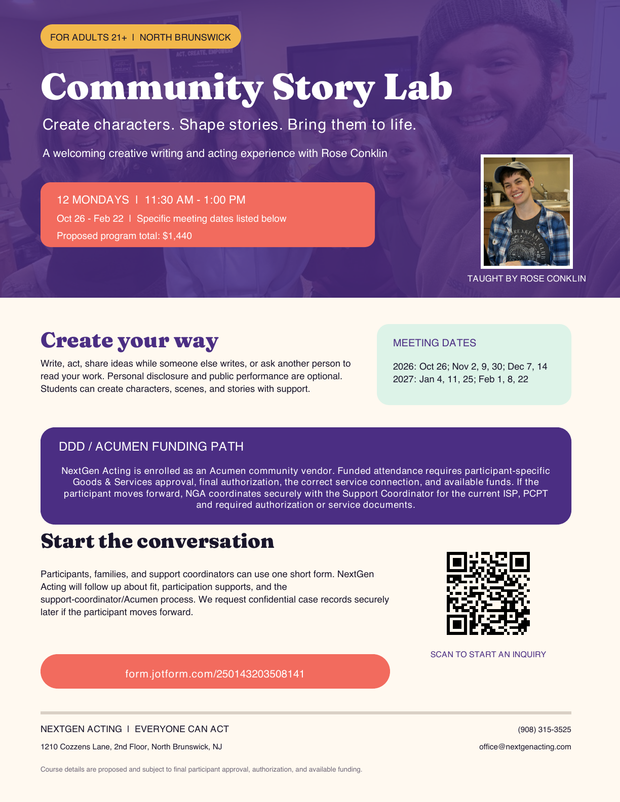 Community Story Lab flyer with course details, DDD funding guidance, and inquiry QR code.