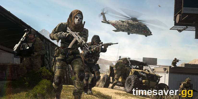 Large-scale Ground War combat in Modern Warfare — infantry advancing alongside vehicles with a helicopter overhead, the same big-team formula Combat Outpost evolves