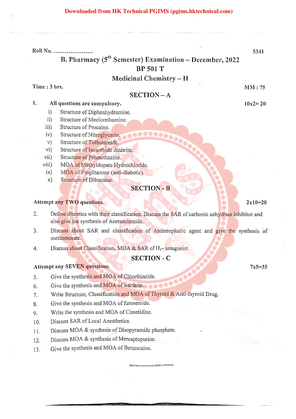 BMU Medicinal Chemistry II 5th Semester B.Pharmacy Previous Year's Question Paper,BP501T Medicinal Chemistry II,BPharmacy,BPharm 5th Semester,Previous Year's Question Papers,Baba Mastnath University (BMU),