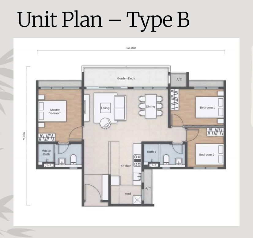 Amika Residence Type B floor plan — 1055 sq ft, 3 bedrooms