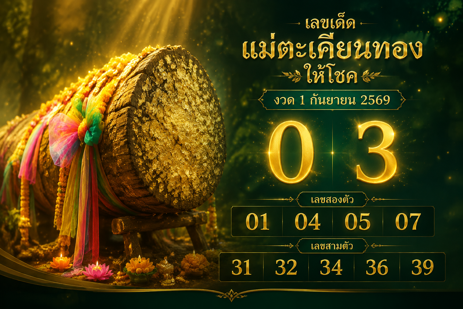 เลขเด็ดแม่ตะเคียนทองให้โชค งวด 1 กันยายน 2569 เปิดแนวทางเลขเด่นบนล่างงวดนี้