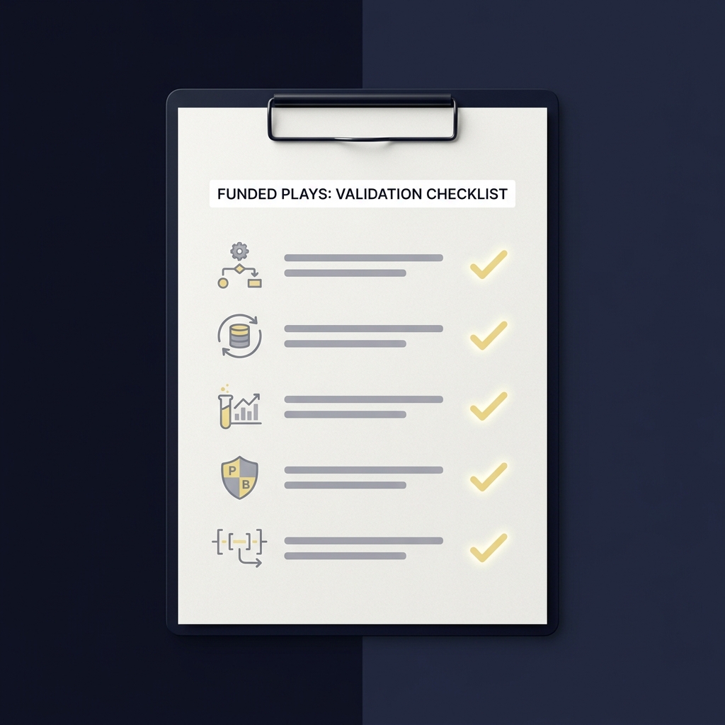 Clipboard checklist with icons for pre specification rolling origin CV SPA test PBO bootstrap intervals on Funded Plays dark background How to Avoid Overestimating Your Edge