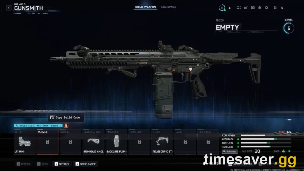 Call of Duty Gunsmith build screen with attachment slots and the Copy Build Code option for saving a weapon build