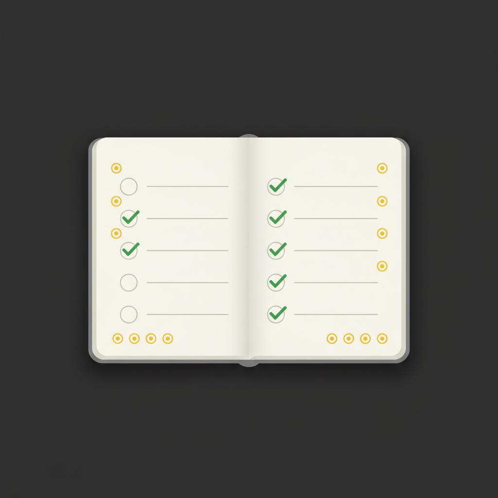 Minimalist 2D vector of an open trading notebook showing three entry lines five checked checkpoints and seven circled date markers in brand colors 3 5 7 rule in stocks