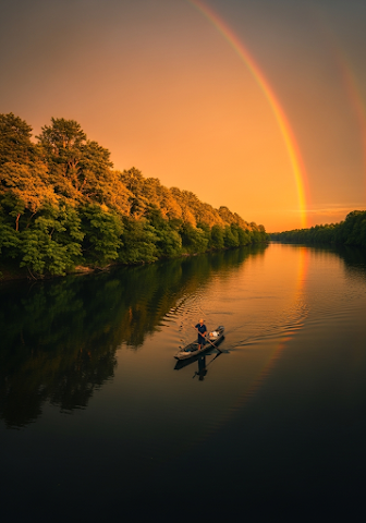 Sunset River Boat Rainbow Reflection