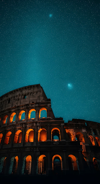 Rome Colosseum Night Sky Teal Stars Comet View - Free mobile Wallpaper