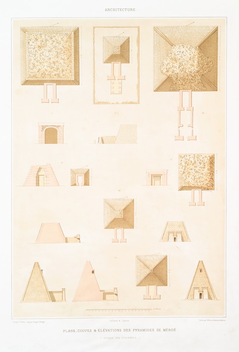 Architecture plans coupes  élévations des pyramides de Méroé époque des Ptolémée