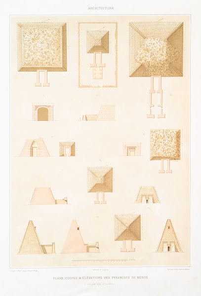 Architecture plans coupes  élévations des pyramides de Méroé époque des Ptolémée