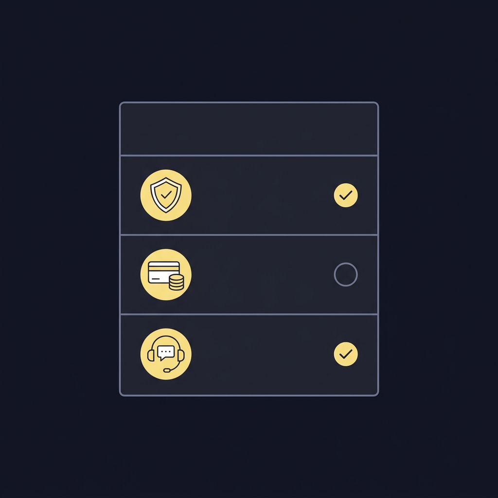 Flat 2D vector checklist for diamond sports book showing license payments and support icons on dark Funded Plays background with yellow accent checks