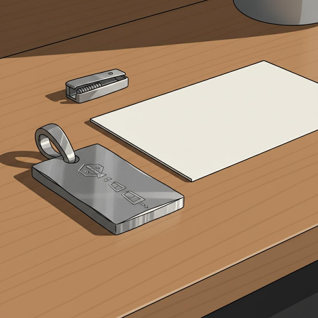 Minimalistische 2D-Vektor-Nahaufnahme eines handgefertigten Metallanhängers auf Holztisch neben leerer Karte, Fokus auf Gravur und Textur, warme Industrie-Akzente – bei der Feuerwehr bedanken.