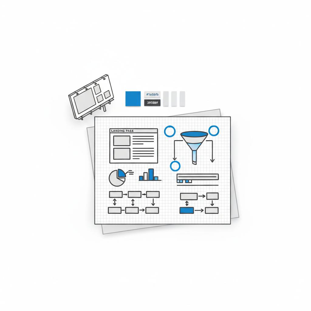 Top-down vector illustration of a designer desk with notebook sketches, a printed billboard advertising mockup (no text), and brand color swatches on a white background.