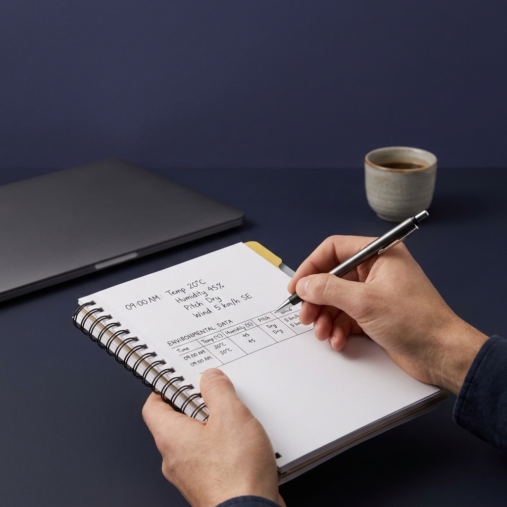 Close up of an analyst preparing match research notes with time stamped entries and environmental data visible for Building a Soccer Match Research Checklist in a minimalist dark branded workspace