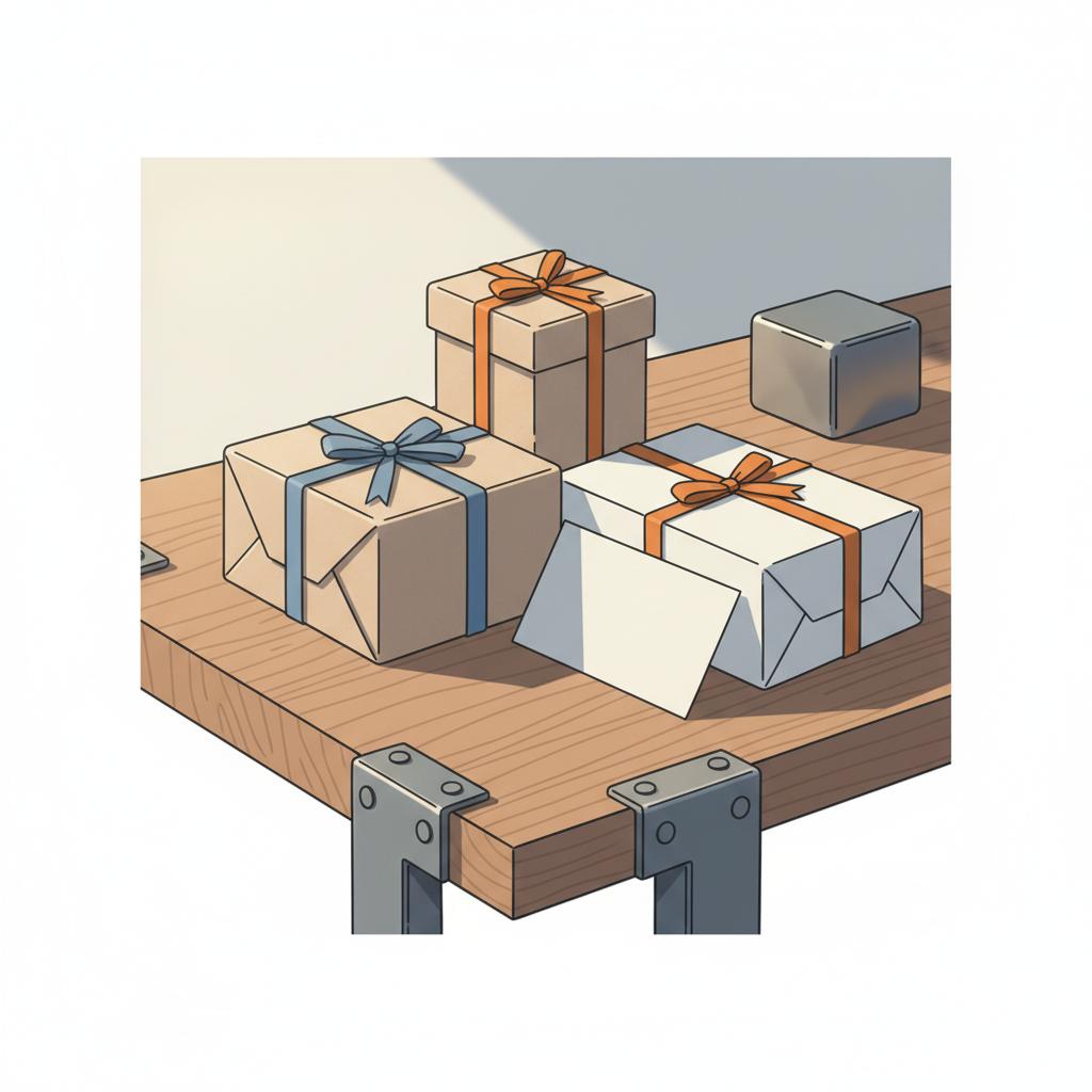 Nahaufnahme minimalistischer, sorgsam verpackter Geschenke auf Holztisch mit Grußkarte und dezenten Industriemerkmalen, warme Beleuchtung – kreative geschenkideen