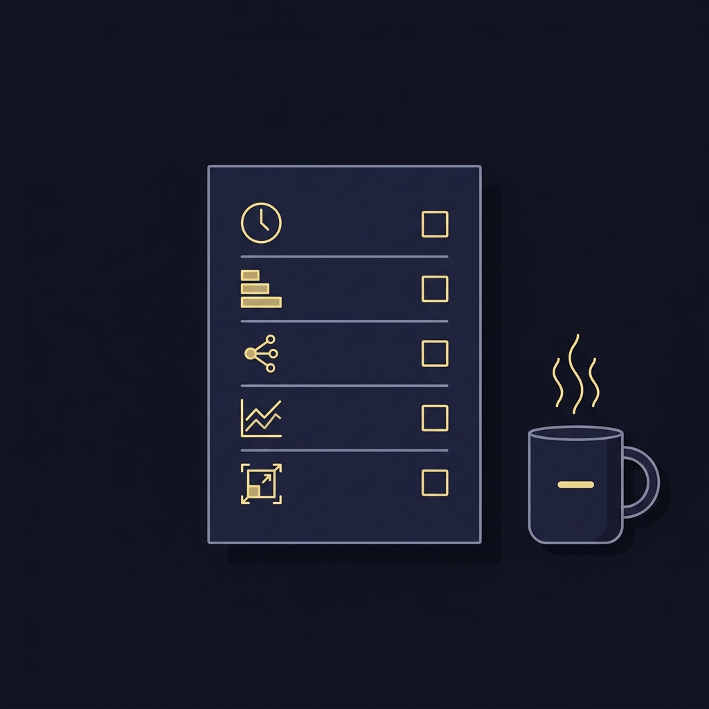 A Beginners Guide to Reading Sports Market Movement minimalist 2D vector illustration of a checklist with icons for timing magnitude source model compare and size and a coffee cup
