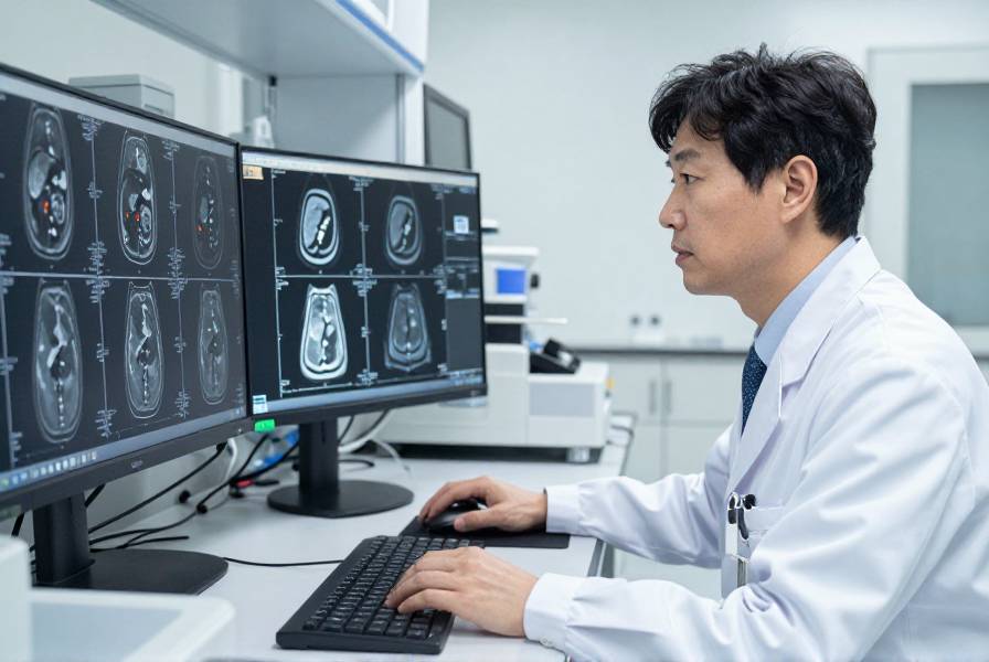 동양인 연구자가 MRI 스캔을 보고 있는 모습