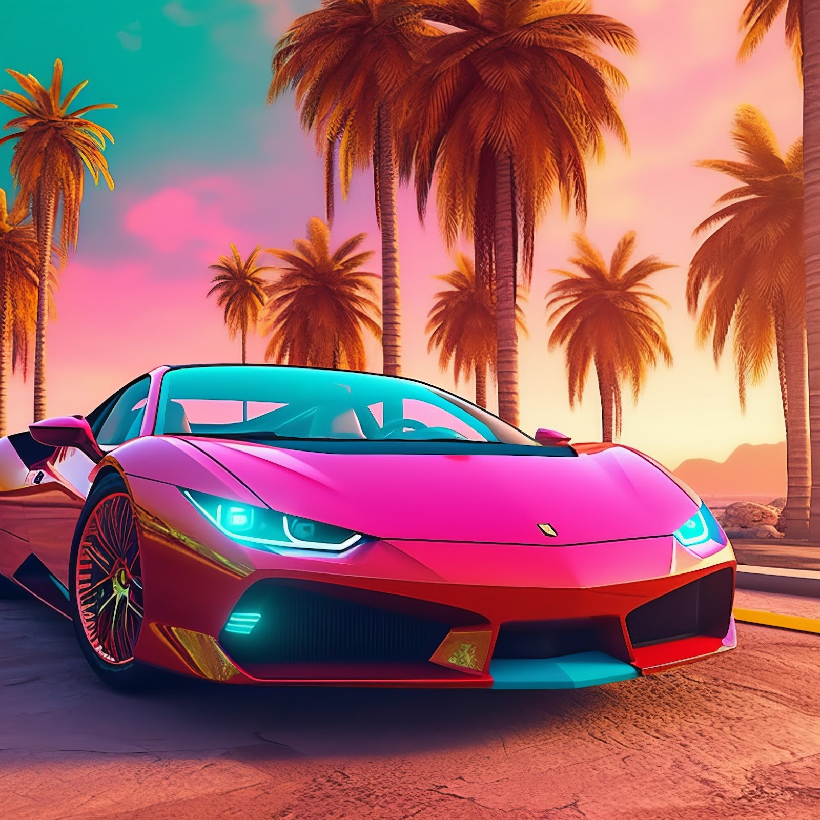 Download Ai Art, Illustration, Red, Sports Car, Palm Trees 2K
