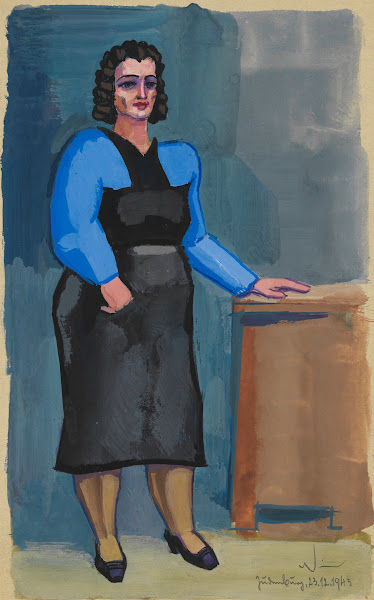 Ohne Titel Frau in blauer Bluse und schwarzem Kleid 1943
