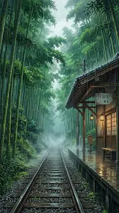 Anime Style Illustration of a Rainy Train Station in a Bamboo Forest