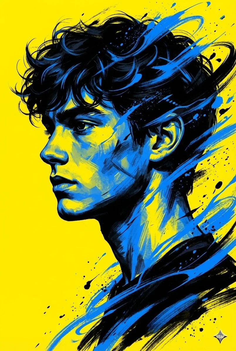 Un retrato digital llamativo y de alto contraste de un joven de perfil, mirando hacia la izquierda.