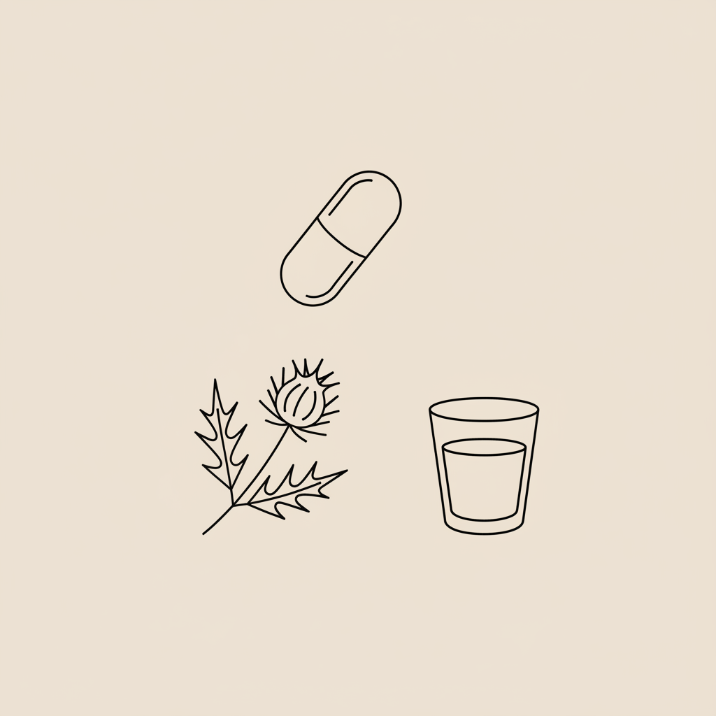 Minimalist Tonum-style vector line illustration of a capsule, milk thistle sprig, and water glass on beige background — Will Medicare pay for Prevagen?