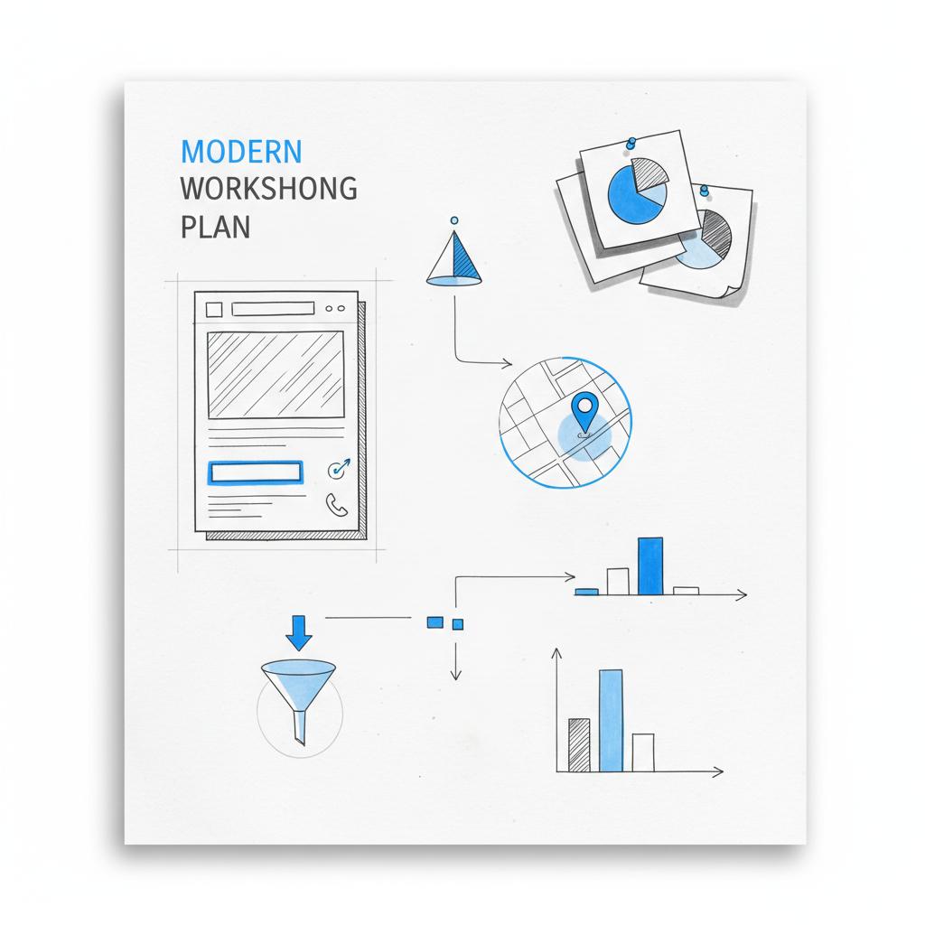 Notebook-style hand sketches of a landing page wireframe, service-area map and budget sticky notes illustrating a small business PPC strategy in white and Agency Visible brand colors.