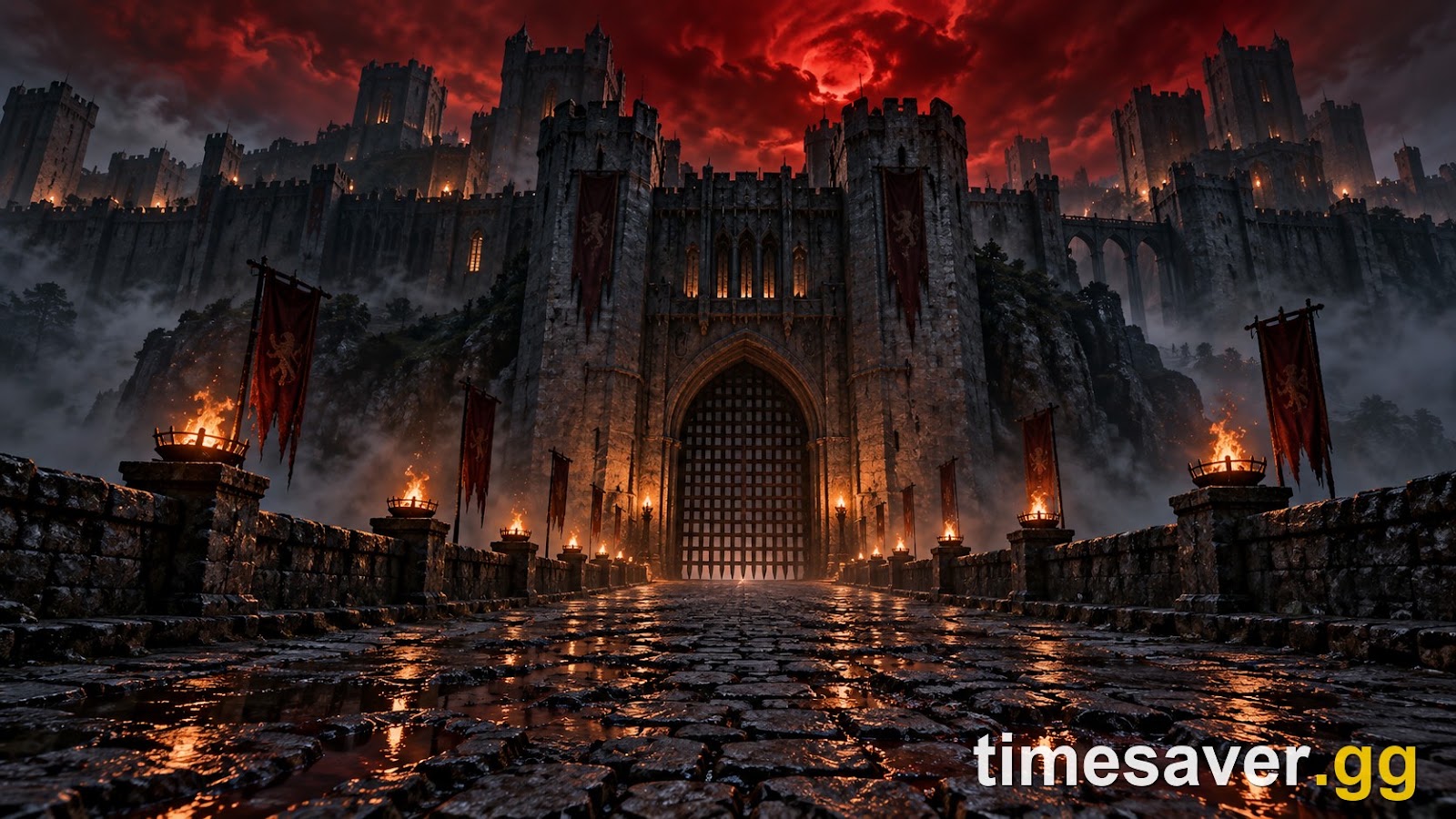 The torch-lit gate of Castle Greifberg at night under a blood-red sky — the fortress Coen storms in the finale, and where a completed alliance changes who stands with him