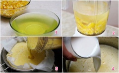 Giữ lại phần nước luộc bắp. Cho hạt bắp và nước luộc vào máy xay sinh tố xay nhuyễn. Lọc bỏ bã đi, chỉ lấy phần sữa bắp. Nấu sữa bắp với sữa tươi và sữa đặc có đường đến khi sữa sôi thì tắt bếp.