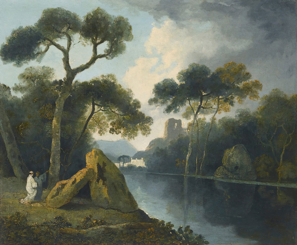 A River Landscape With Monks Conversing By A Pair Of Megaliths With Ruins Beyond