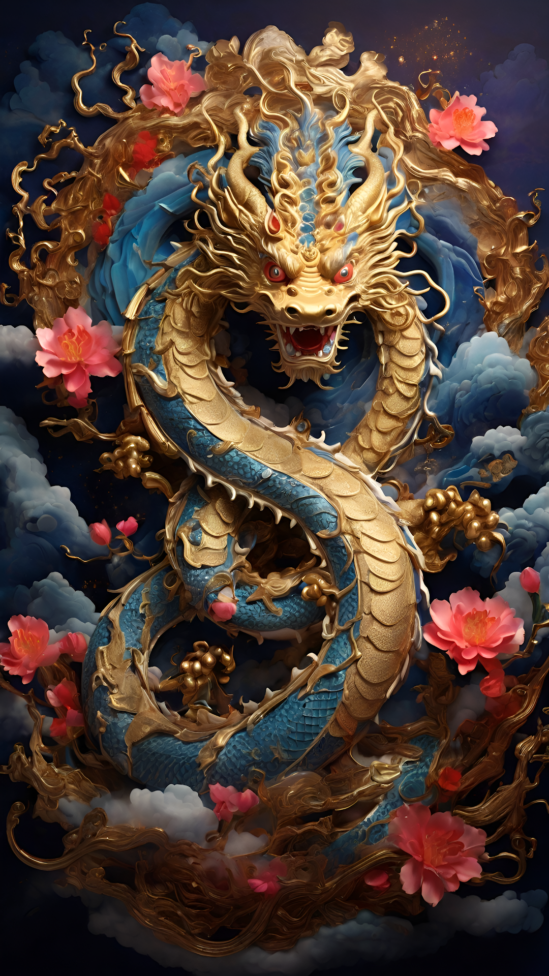 Majestic Golden Blue Oriental Dragon Sculpture with Peonies - Free 4K mobile Wallpaper