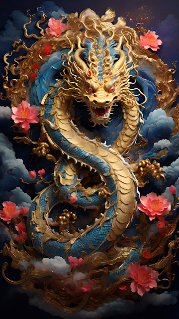 Majestic Golden Blue Oriental Dragon Sculpture with Peonies - Free mobile Wallpaper