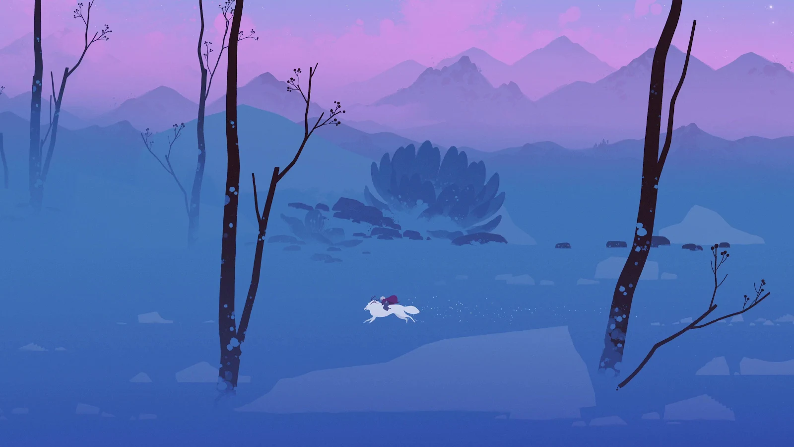 Mystical Rider Under Purple Mountains - Minimalist Digital Art 4K Wallpaper (3840x2160)