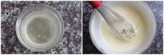 Cho bột gelatine vào trộn đều cùng 45ml nước, cho vào lò vi sóng trong khoảng 15-20 giây sau đó lấy ra trộn cùng với hỗn hợp kem phô mai ở bước 2. Cho bột matcha khuấy cùng với nước ấm, sau đó thêm khoảng 30gr từ hỗn hợp kem phô mai vào khuấy đều cho đến khi hòa quyện hoàn toàn thành hỗn hợp matcha.