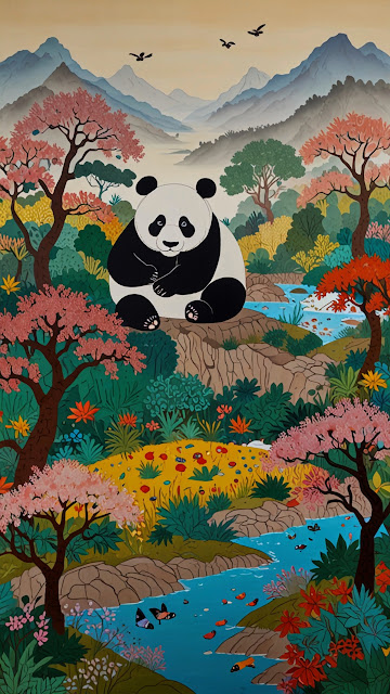 Charming Panda in Lush Asian Spring Landscape Illustration - Free mobile Wallpaper