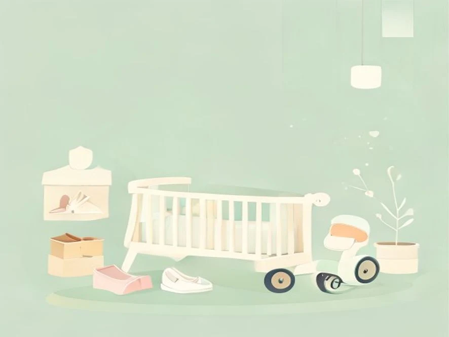 민트 그린과 화이트 톤의 파스텔 색조 아기방에 걸음마 보조기, 아기 신발, 블록 장난감이 배치된 아기자기한 플랫 벡터 일러스트레이션.