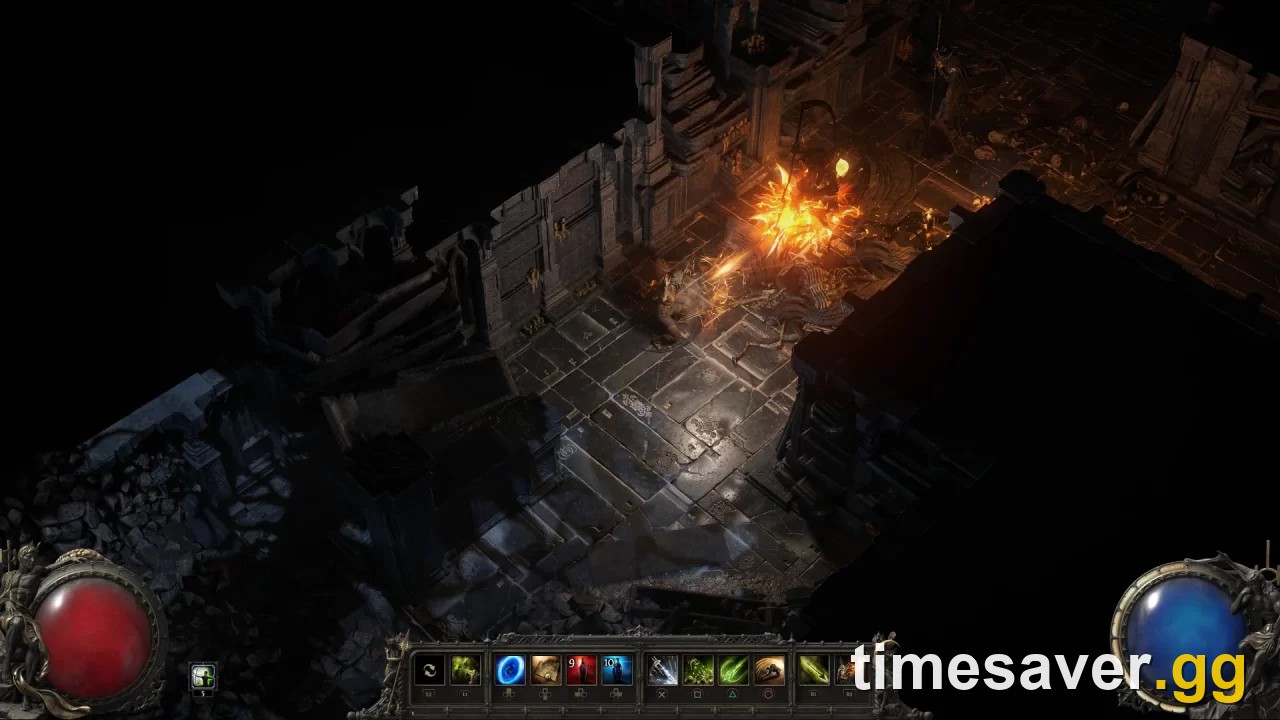 Path of Exile 2 endgame combat with heavy fire particle effects — the GPU/RAM-intensive scenes that make the shader-cache leak spike fastest