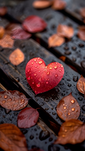 Heart-Shaped Red Leaf with Raindrops on Wet Wooden Surface