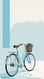 Pastel Blue Bicycle with Plant in Wicker Basket