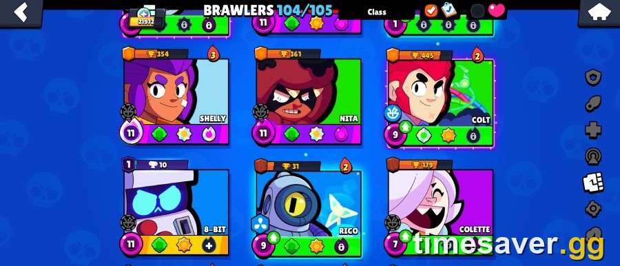 Brawl Stars Brawlers collection screen showing Shelly, Nita, Colt, 8-Bit, Rico and Colette cards with their Star Power slot icons in the September 2026 meta