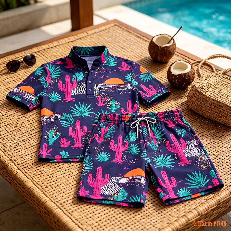 AOP SON Three Button POLO+All Over Beach Pants - Bird Eye Fabric