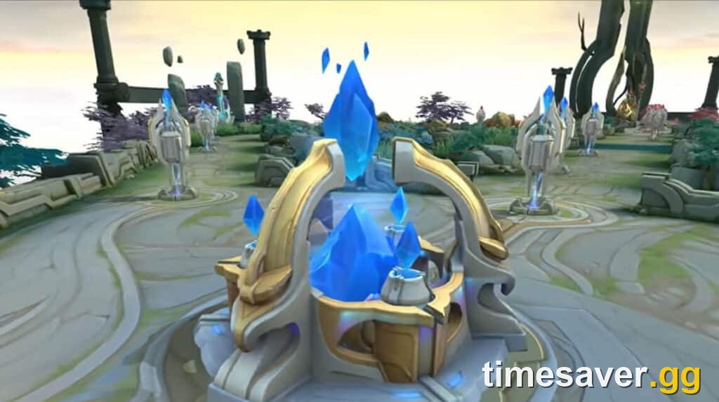 Sanctum Island battlefield in Mobile Legends showing a team base ringed by defensive turrets and paved lanes — the structures reworked into Golden Turrets in the Season 42 map update