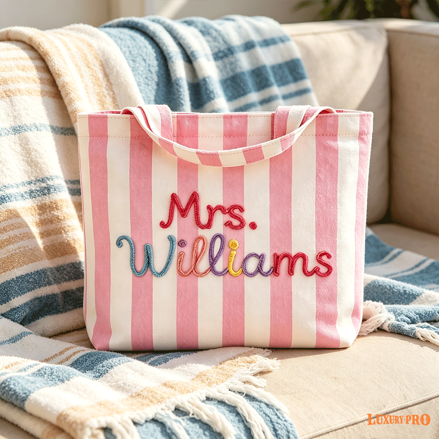 Hand Embroidered Vertical Stripe Tote Bag GS-620