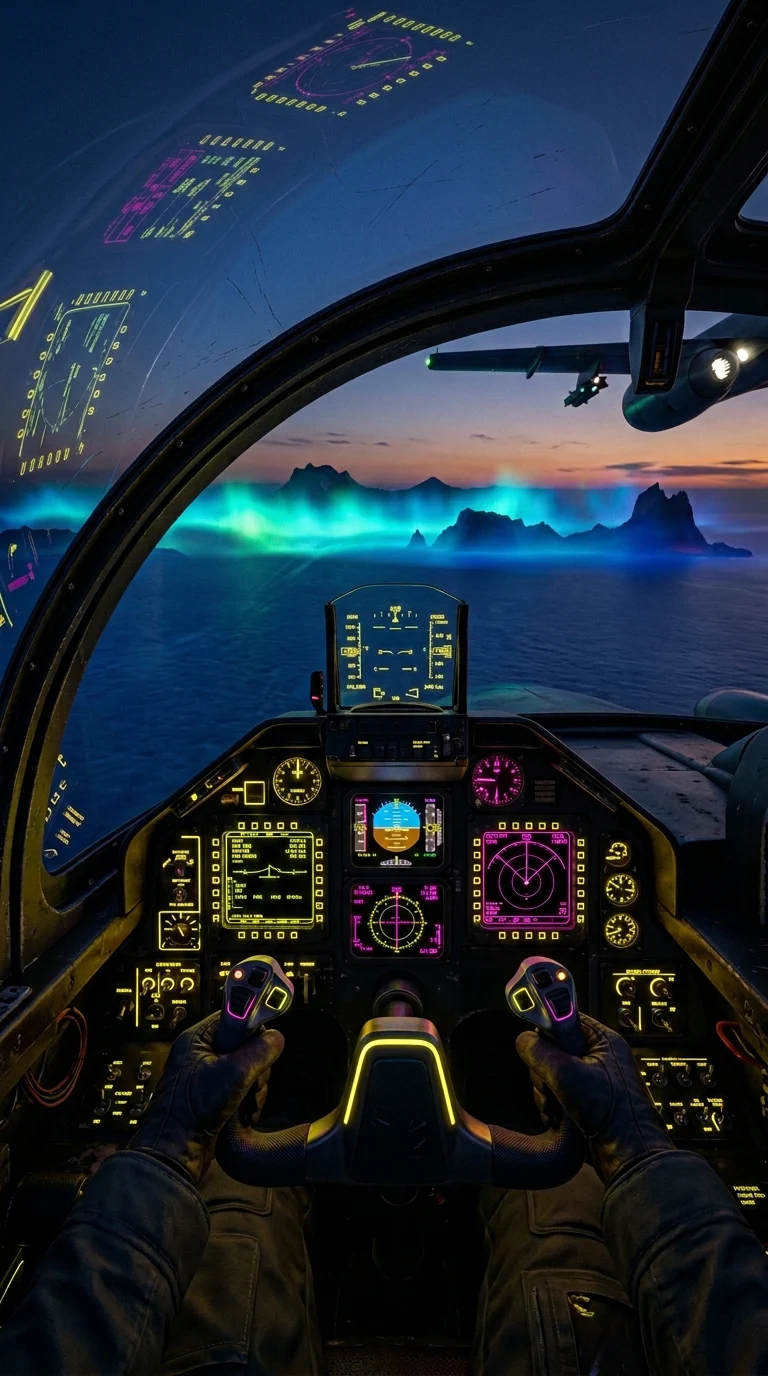 Retro-Futuristic Aircraft Cockpit Overlooking an Alien Ocean - Free 4K mobile Wallpaper