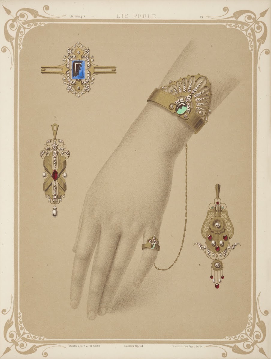 Five Designs For Jewelry Including Bracelet With Diamonds And Green Stones Chain